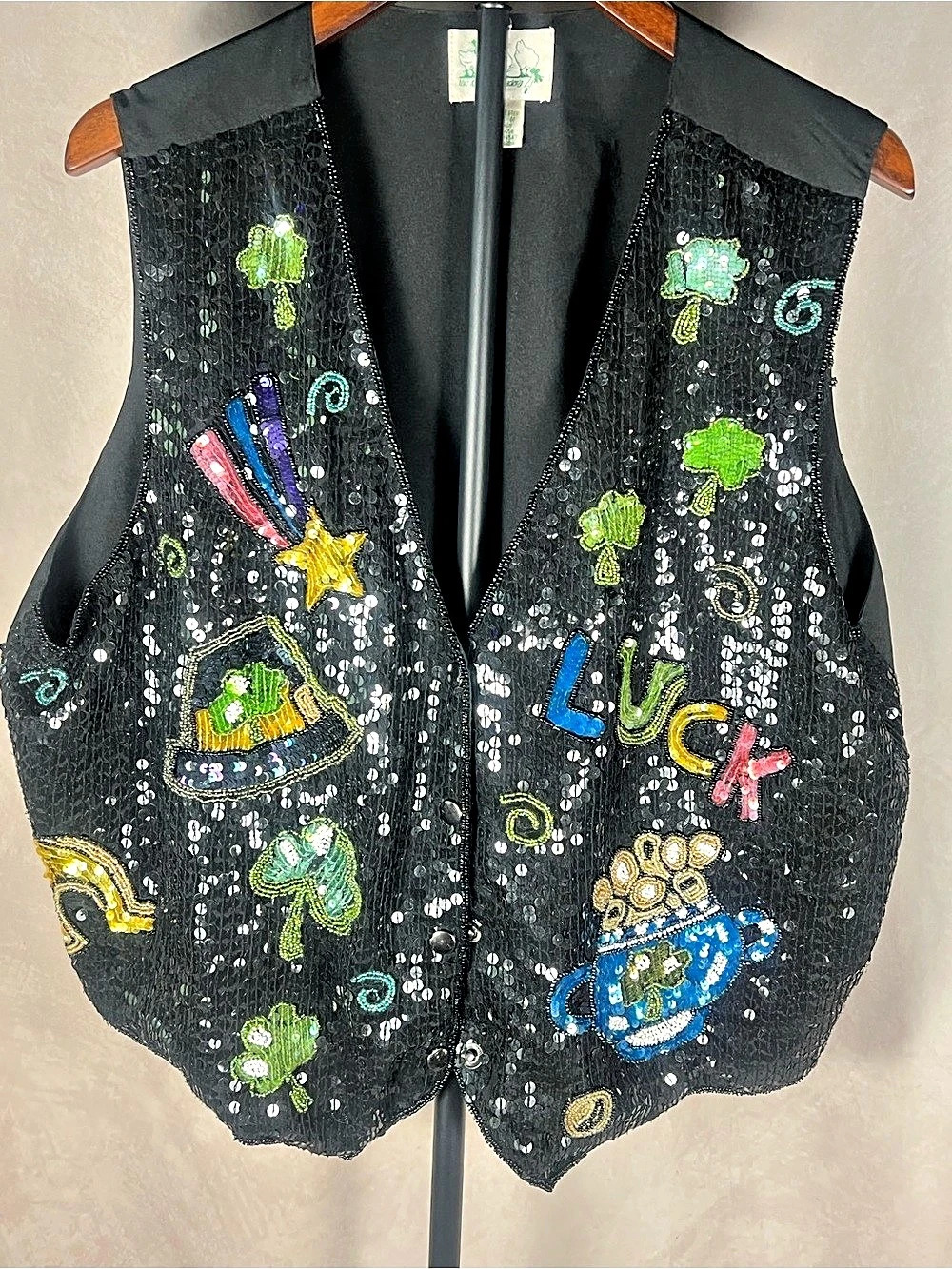 Quacker Factory 1X Lucky Sequin Vest St Patrick’s Day Casino Shamrock Vintage